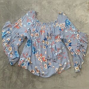 St. 1946 22/24W Boho Floral Stripe Off Shoulder Bell Sleeve Blouse Plus